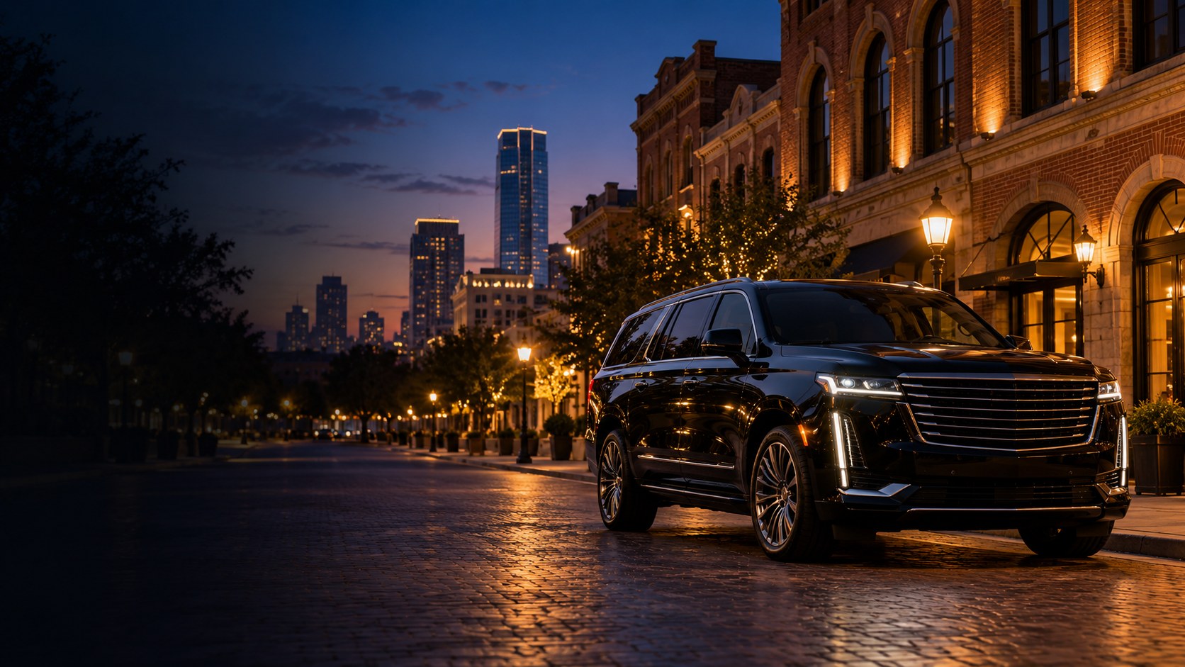 Illustrative black luxury SUV on a downtown street at dusk